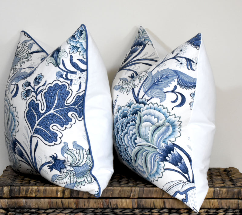 Blue and white hamptons style cushion with white backing