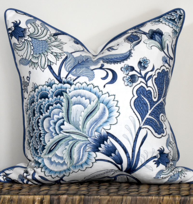 Blue and white hamptons floral cushion with piping