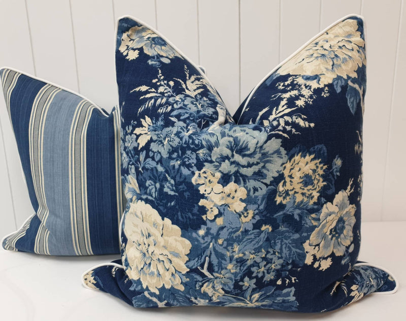 Hamptons style navy floral pillow covers coastal decor cushions classic style beachy home decor navy cream beige cushion