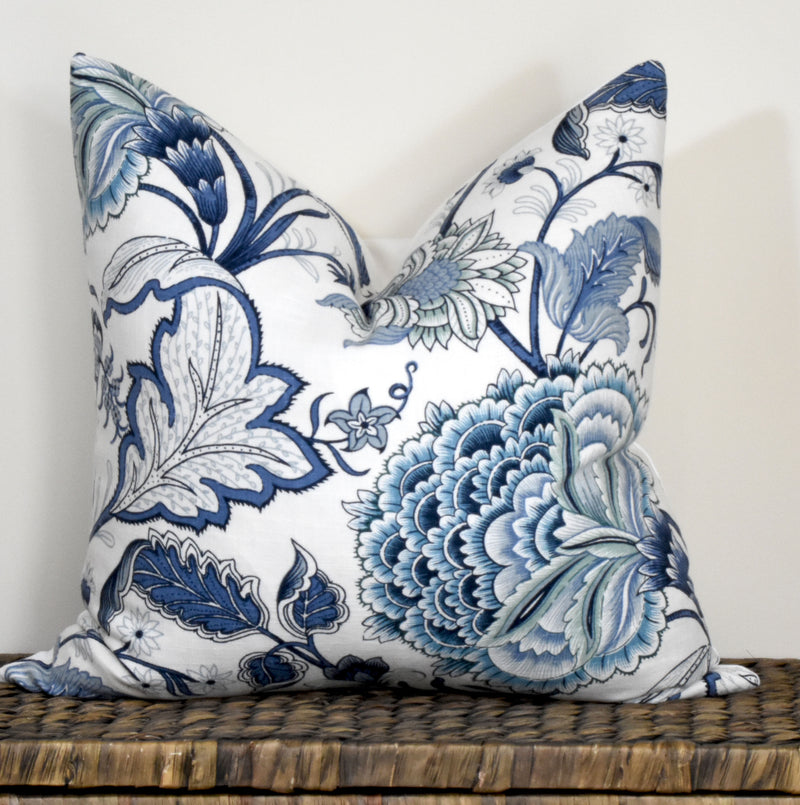 Blue and White Designer Pillow Cover, Jacobean Floral Style, Sofa Pillows,  Hampton Style Floral Eurosham Accent Cushion 18x18 HAZEGA 