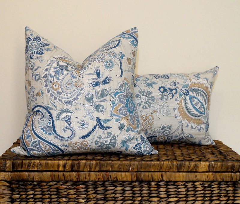 Hamptons style paisley pillow cover blue and limestone grey linen rayon decorative pillow beachy coastal cushions