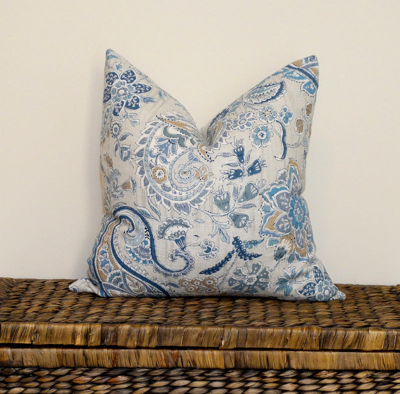 Hamptons style paisley pillow cover blue and limestone grey linen rayon decorative pillow beachy coastal cushions