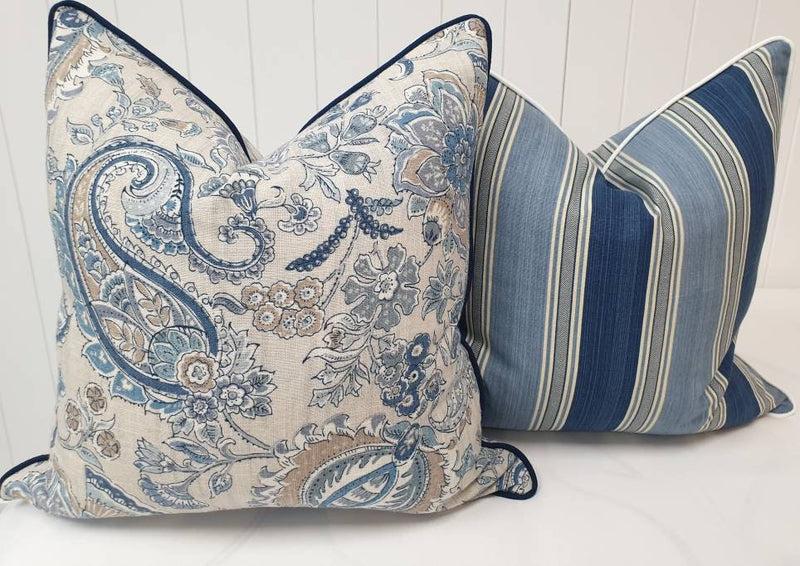 Hamptons style paisley pillow cover blue and limestone grey linen rayon decorative pillow beachy coastal cushions