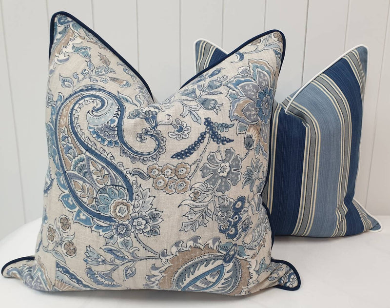 Hamptons style paisley pillow cover blue and limestone grey linen rayon decorative pillow beachy coastal cushions