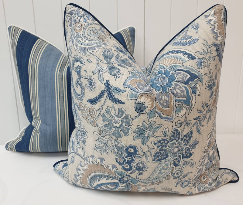 Hamptons style paisley pillow cover blue and limestone grey linen rayon decorative pillow beachy coastal cushions