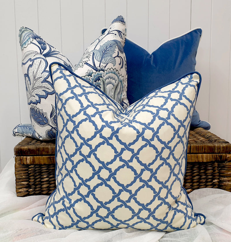 Delft Blue Plush Velvet Cushion Cover Blue Velvet Pillow Case Plain Velvet Decorative Pillows Hampton style Coastal home Beach Decor